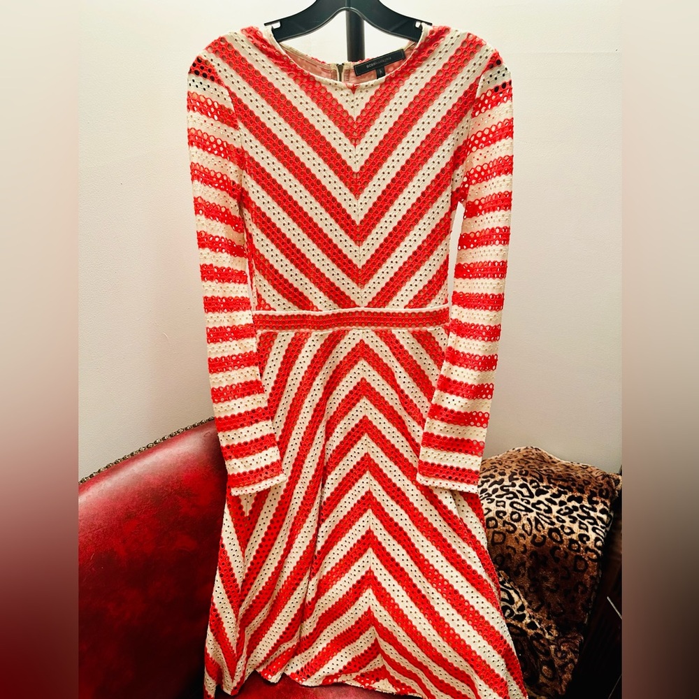 BCBGMAXAZRIA Kristina Poppy Striped Lace A-Line Zip-Back Dress, XS in EUC